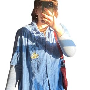 Vintage Embroidered Linen Denim Button Up Top 1X Floral Cottage Granola Heritage